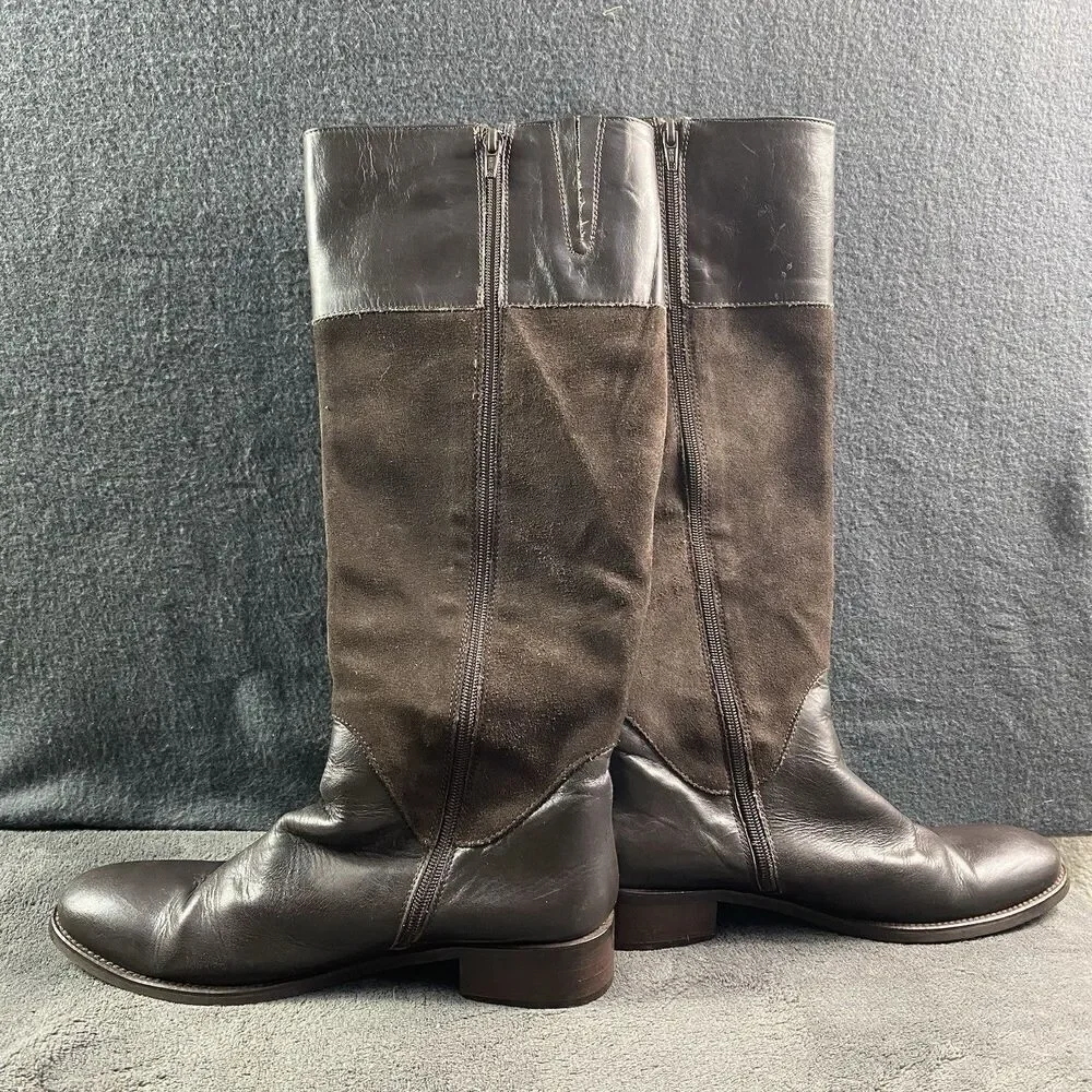 Brown Boots Womens 39 Leather Suede Zip Block Heel Tall Knee High Flat Shoes US9